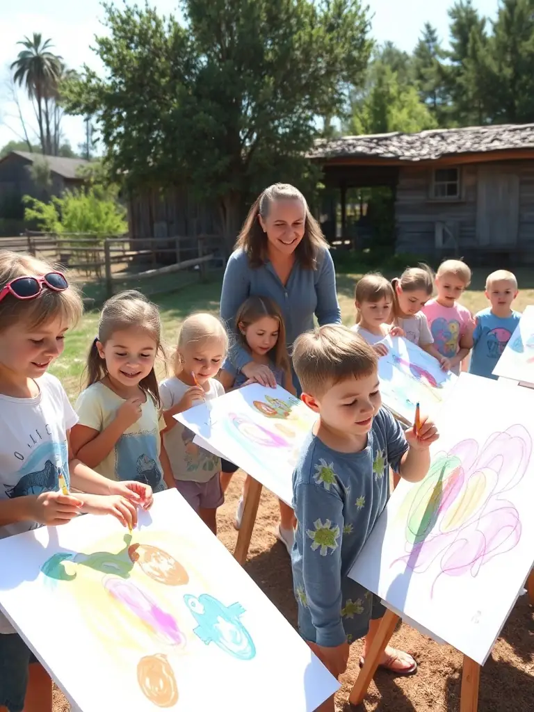 A vibrant photograph capturing a children's art workshop in a rural setting, with kids enthusiastically painting under the guidance of an instructor, showcasing the organization's commitment to arts education.