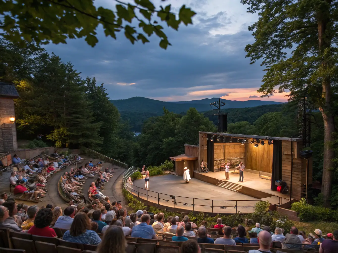 A dynamic image of a local theater performance taking place outdoors, with actors in colorful costumes captivating an audience of families and community members. The backdrop is a picturesque rural landscape at sunset.