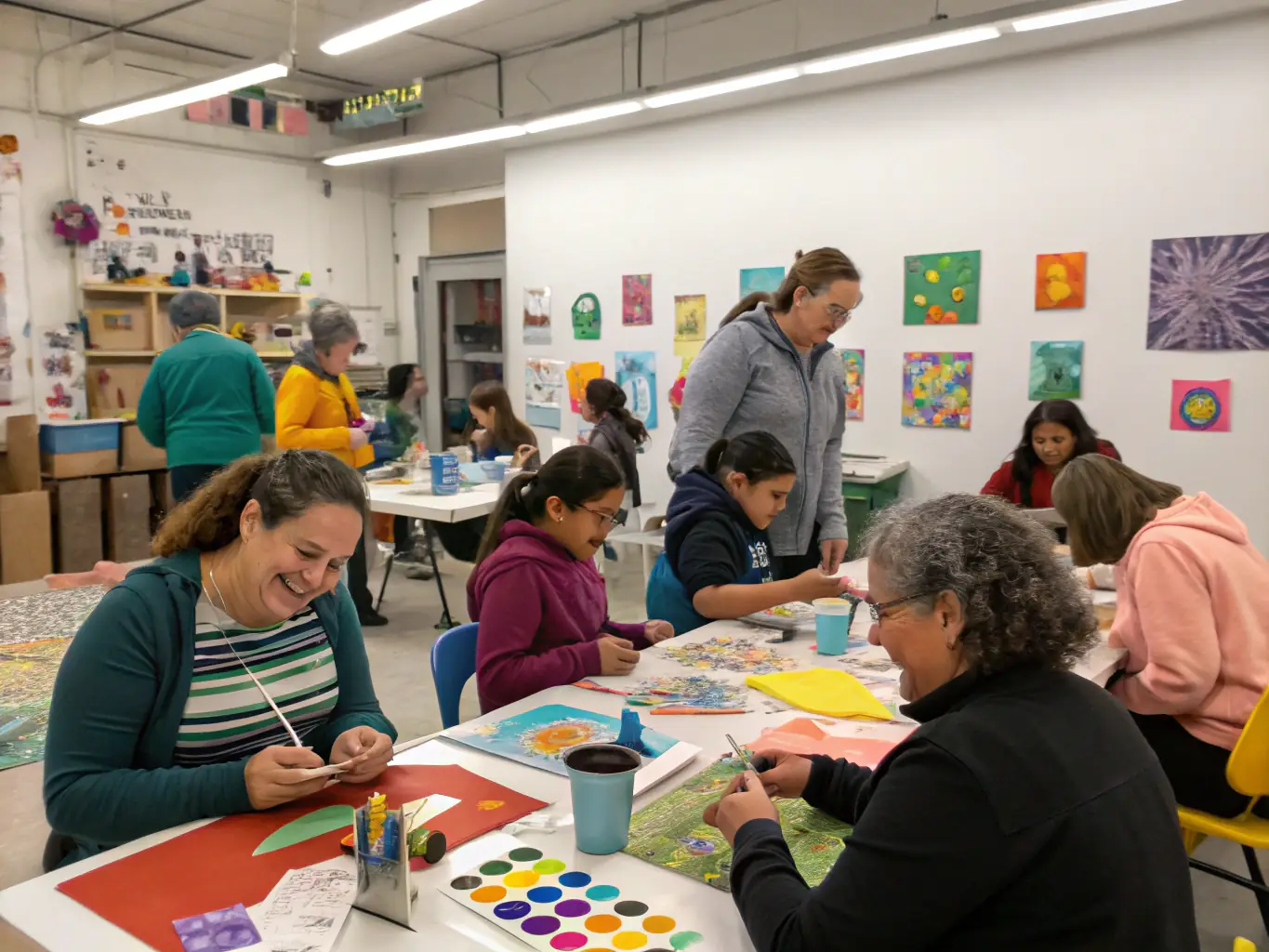 A vibrant photograph capturing a community art workshop in progress, with participants of all ages engaged in painting and crafting under the guidance of a local artist. The setting is a rustic, charming village hall filled with natural light.