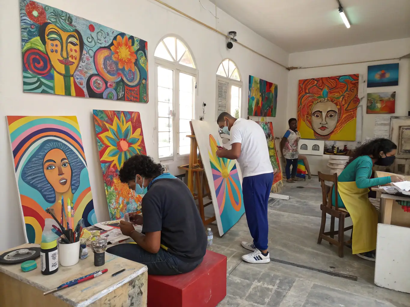 A group of participants engaged in a hands-on art workshop, learning new skills and expressing their creativity under the guidance of an instructor.