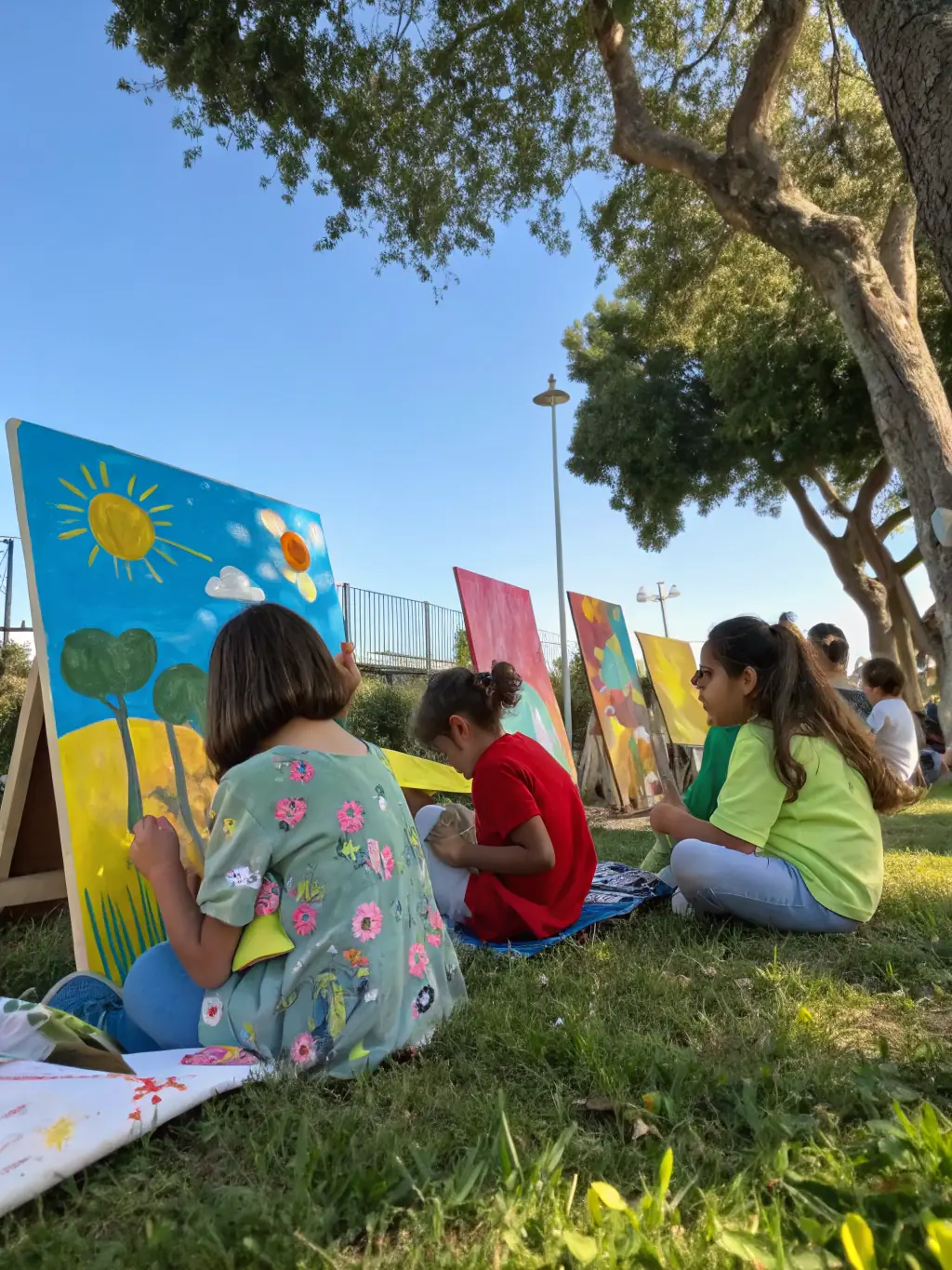 A vibrant photograph capturing a children's art workshop in a rural setting, showcasing kids enthusiastically painting under the guidance of an instructor, reflecting LES ZARBIS Z’ARTS' commitment to early artistic education.