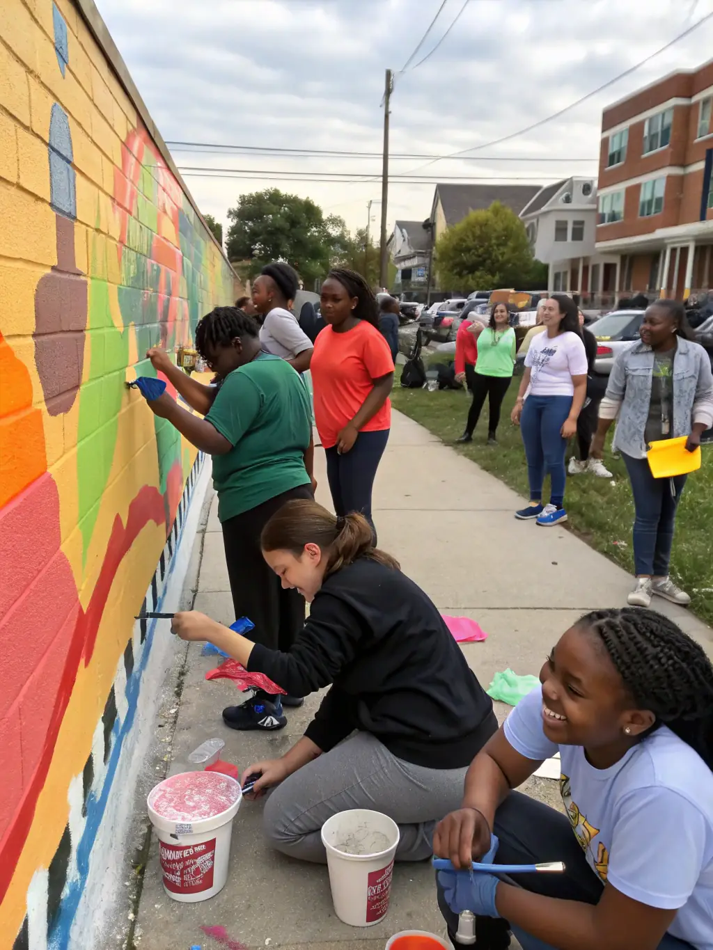 A heartwarming photo of community members participating in a collaborative art project, symbolizing the social connection and cultural diversity fostered by LES ZARBIS Z’ARTS.