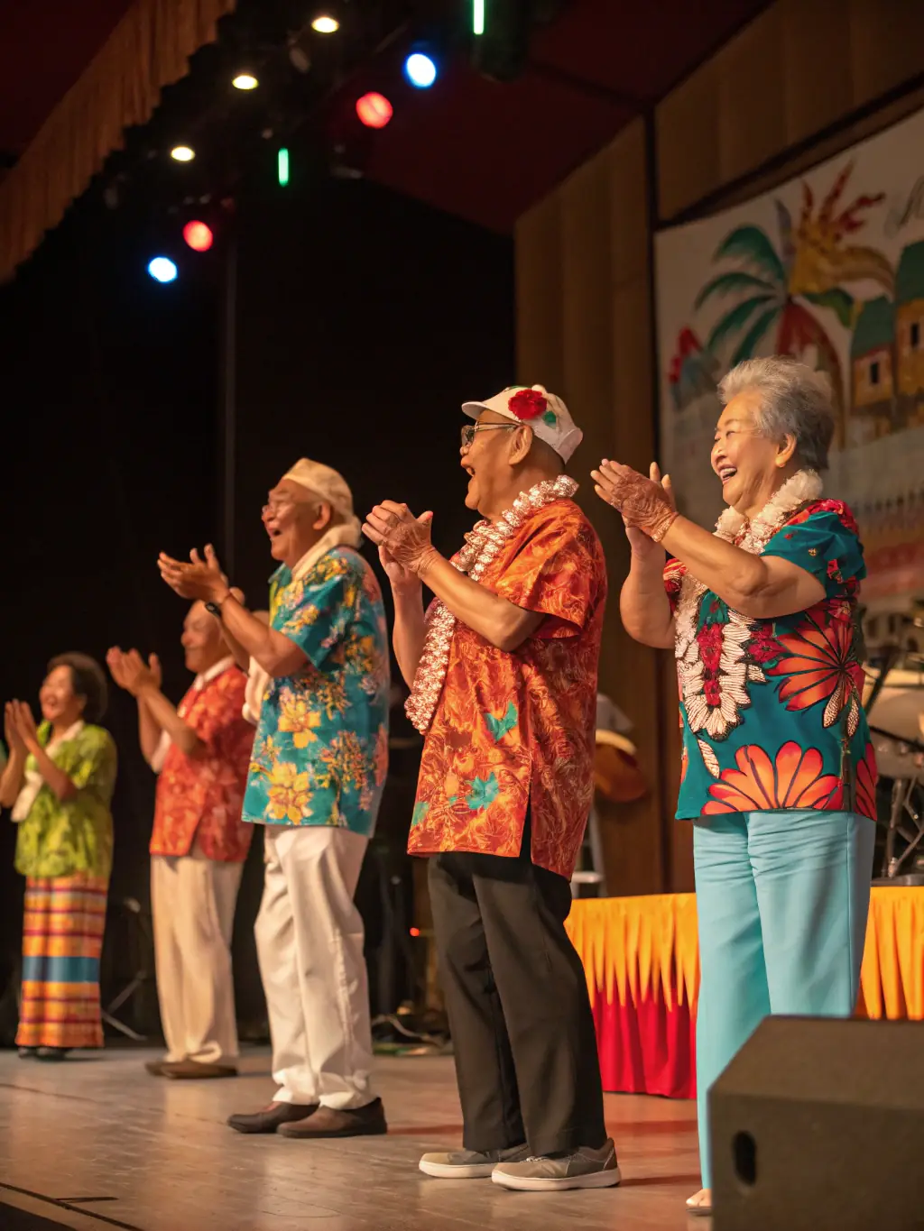 A heartwarming photo of elderly residents participating in a cultural event organized by LES ZARBIS Z’ARTS, promoting intergenerational connection and cultural exchange.
