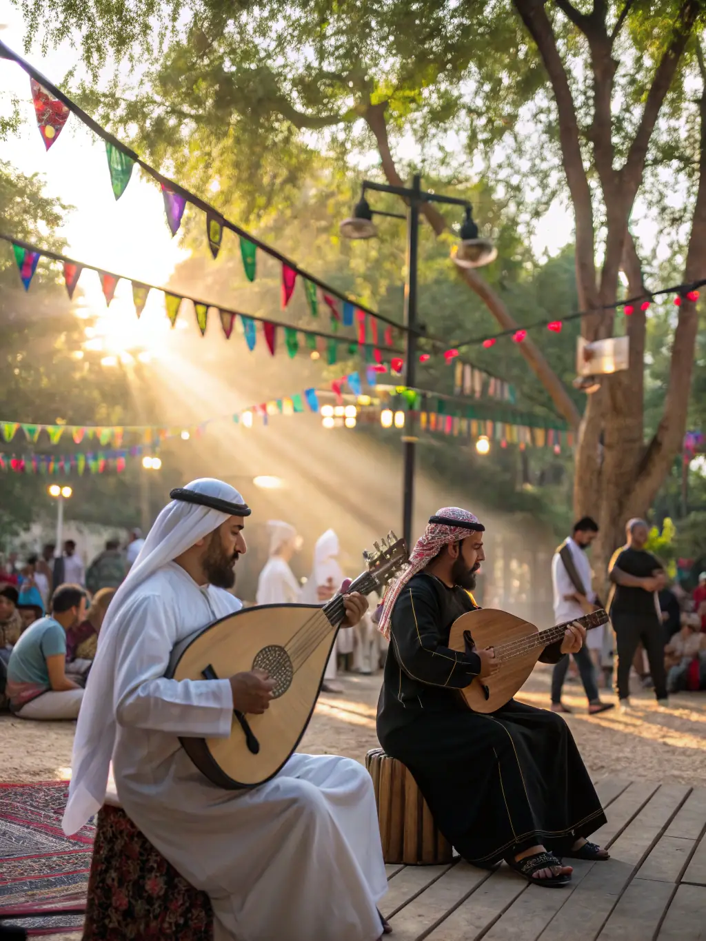 A captivating performance shot from a cultural event organized by the association, showing musicians or actors engaging with an audience in a rural village square, highlighting the promotion of cultural events.