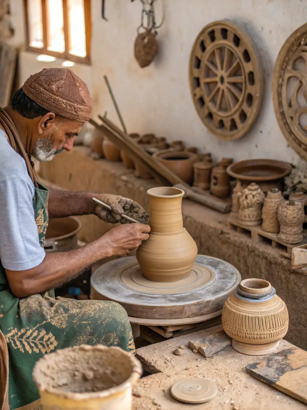 A dynamic image of a local artisan demonstrating their craft at a rural artisanal market organized by LES ZARBIS Z’ARTS, highlighting the organization's support for local talent and traditional skills.