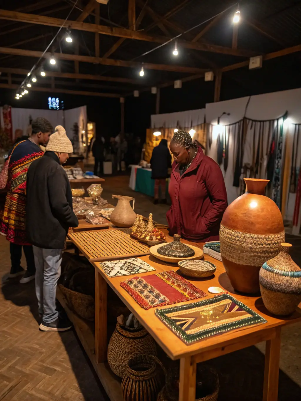 A dynamic image of a local artisanal market organized by LES ZARBIS Z’ARTS, featuring craftspeople displaying their unique creations and community members browsing the stalls, emphasizing the support for local artisans.
