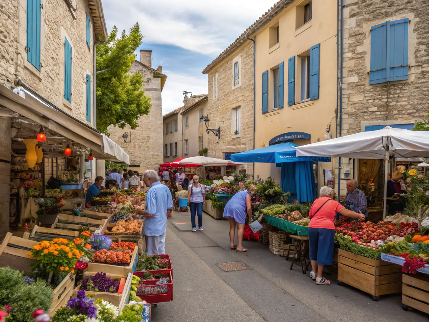 A vibrant outdoor artisanal market scene in a small rural French village, showcasing local crafts and attracting a diverse crowd of attendees.