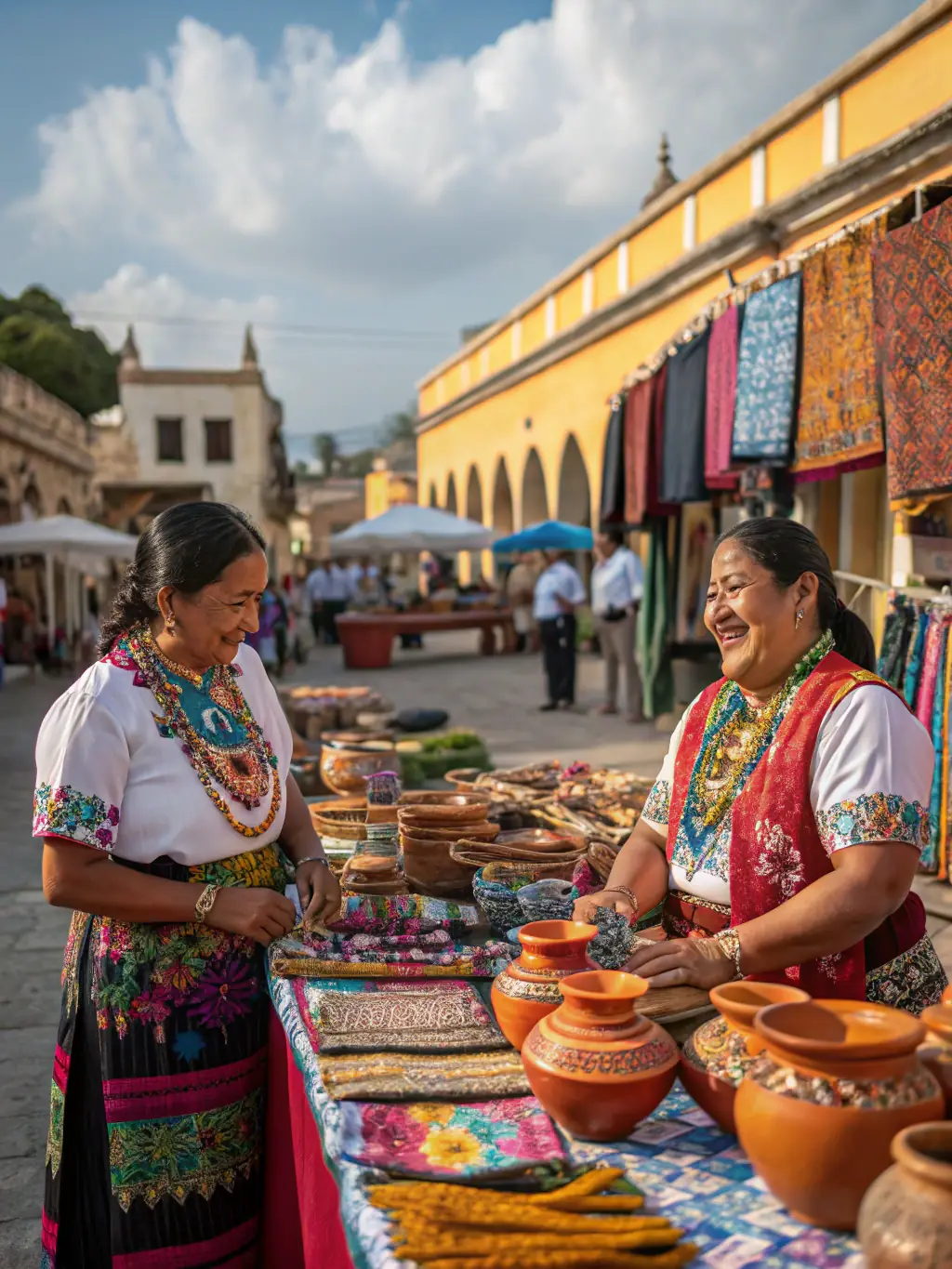 A dynamic image of a successful artisanal market organized by LES ZARBIS Z’ARTS, showcasing local artisans and their handcrafted products, attracting visitors and boosting the local economy.