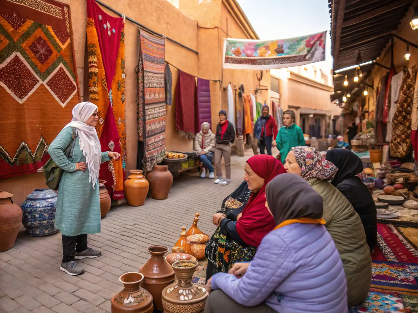 A bustling artisanal market scene, featuring local artisans displaying and selling their handcrafted goods, with visitors browsing and interacting with the creators. The atmosphere is lively and festive, with colorful stalls and traditional music.