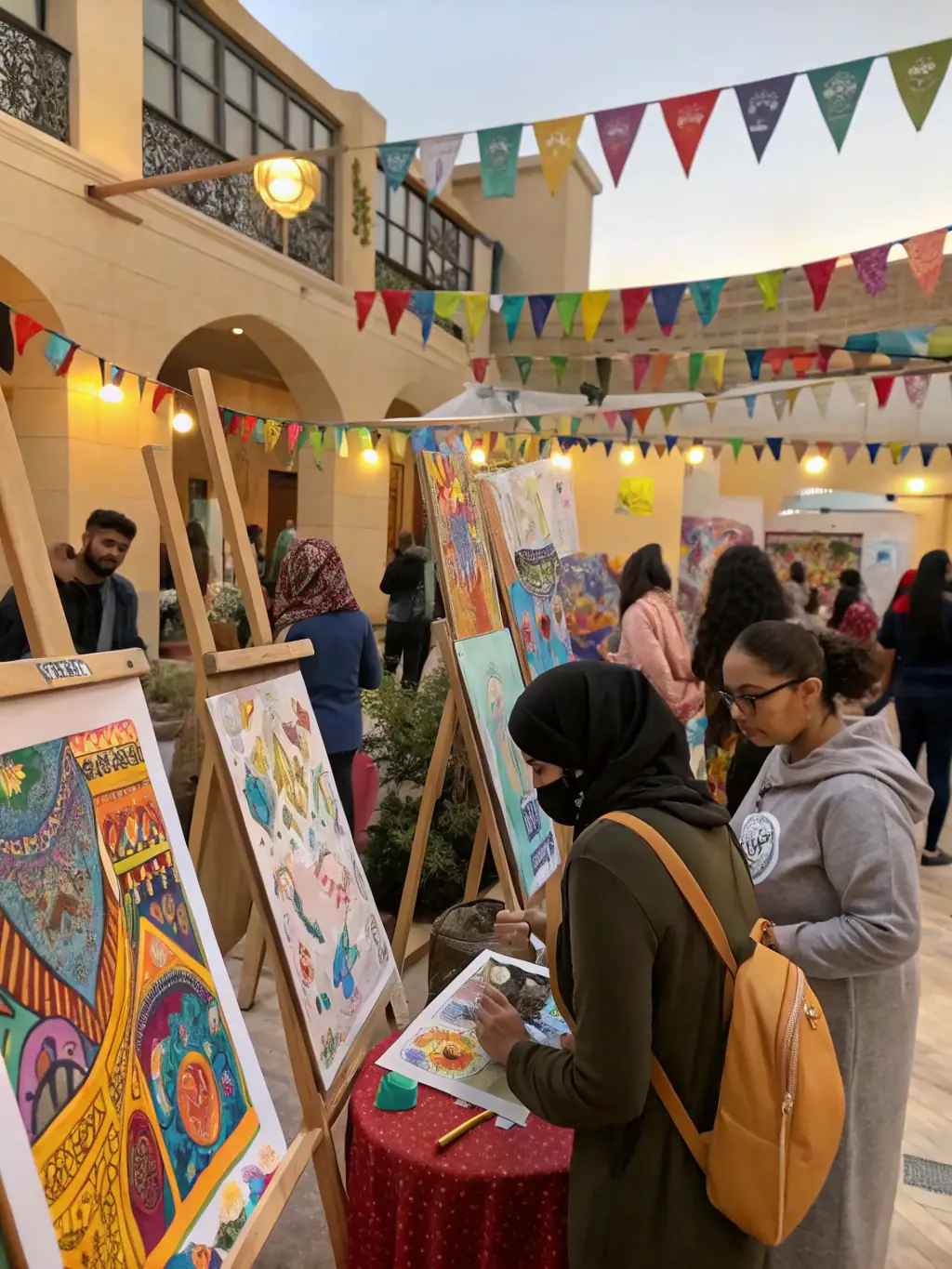 A vibrant image capturing a community art exhibition organized by LES ZARBIS Z’ARTS, featuring diverse artworks created by local artists and enjoyed by residents.