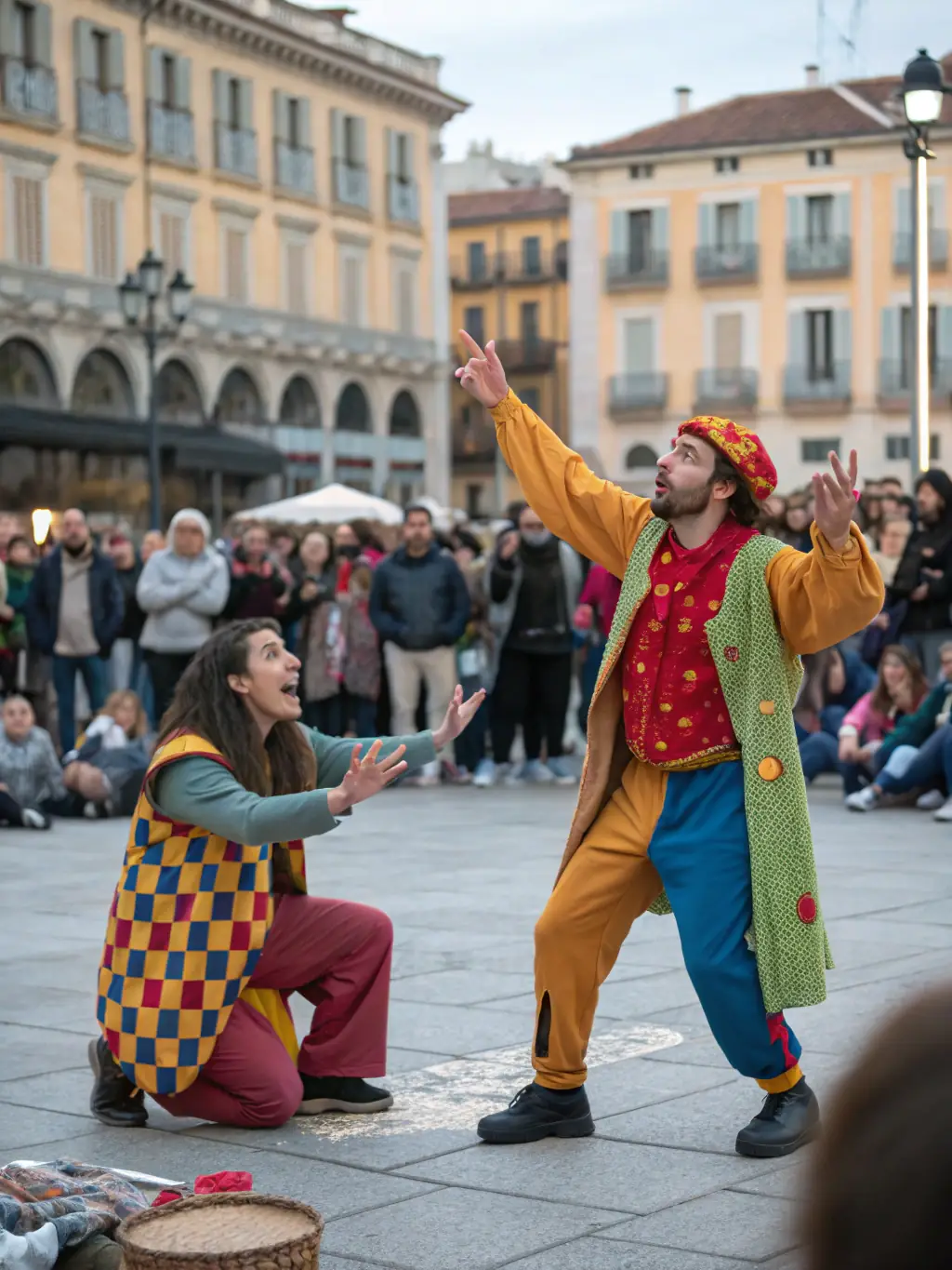 A captivating shot of a theatrical performance taking place outdoors in a rural village, capturing the energy and excitement of a live cultural event organized by LES ZARBIS Z’ARTS.
