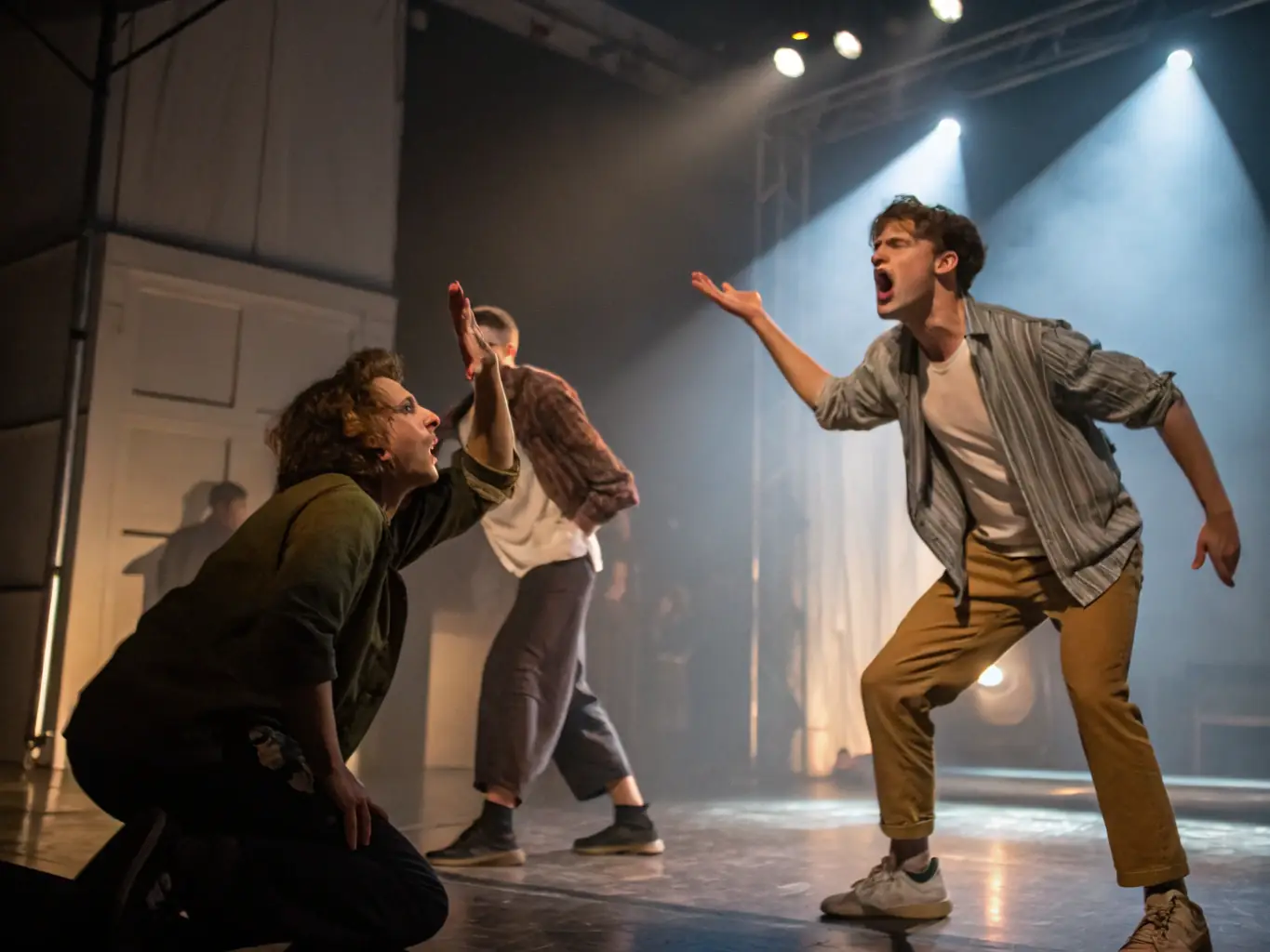 A dynamic photo of a theatrical performance in a rural setting, capturing the energy and emotion of the actors and the audience.